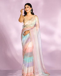 Mohey Women Elegant Pink and light blue Organza Saree