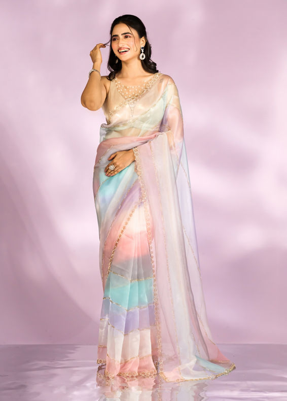 Mohey Women Elegant Pink and light blue Organza Saree
