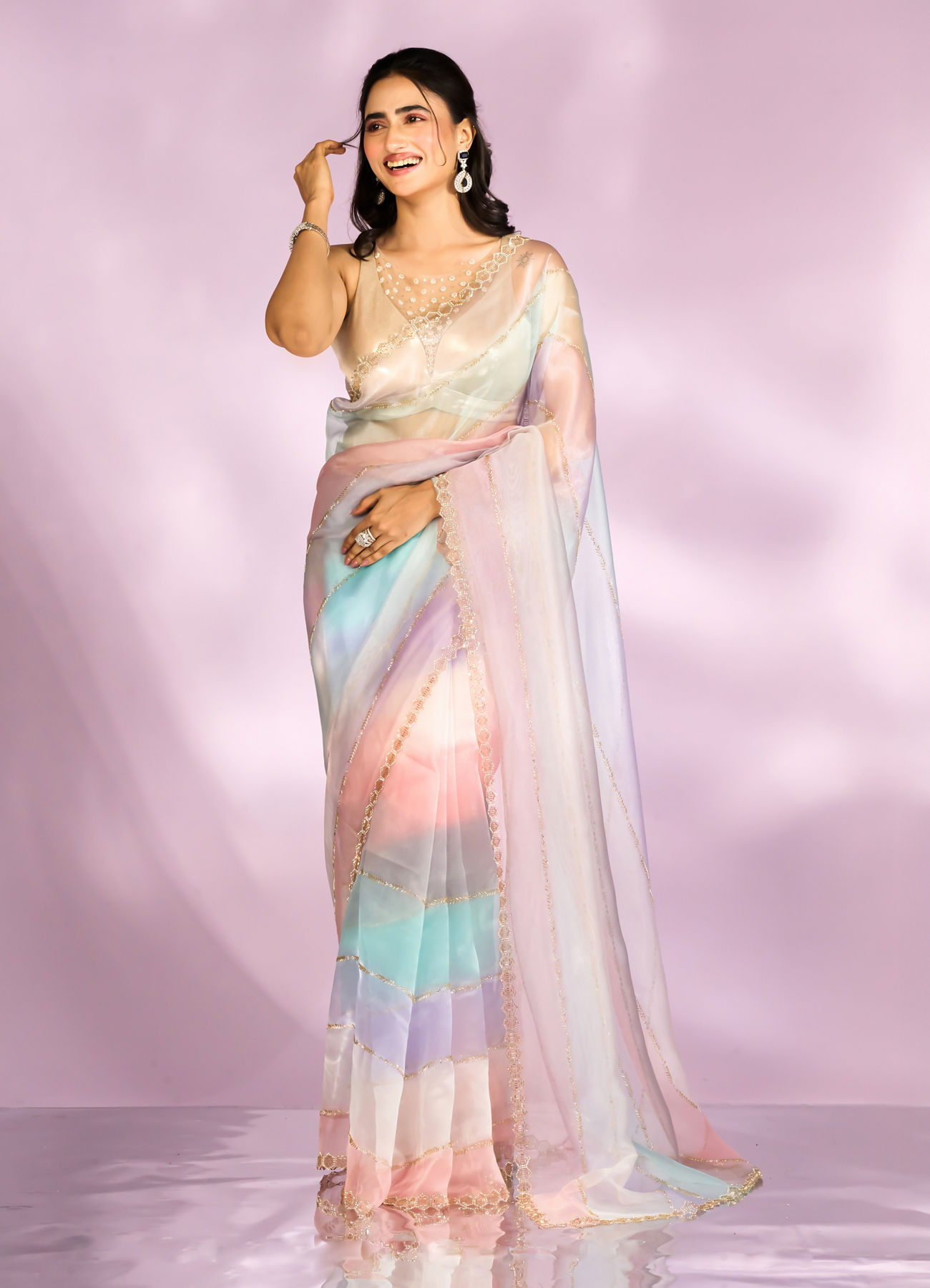 Mohey Women Elegant Pink and light blue Organza Saree