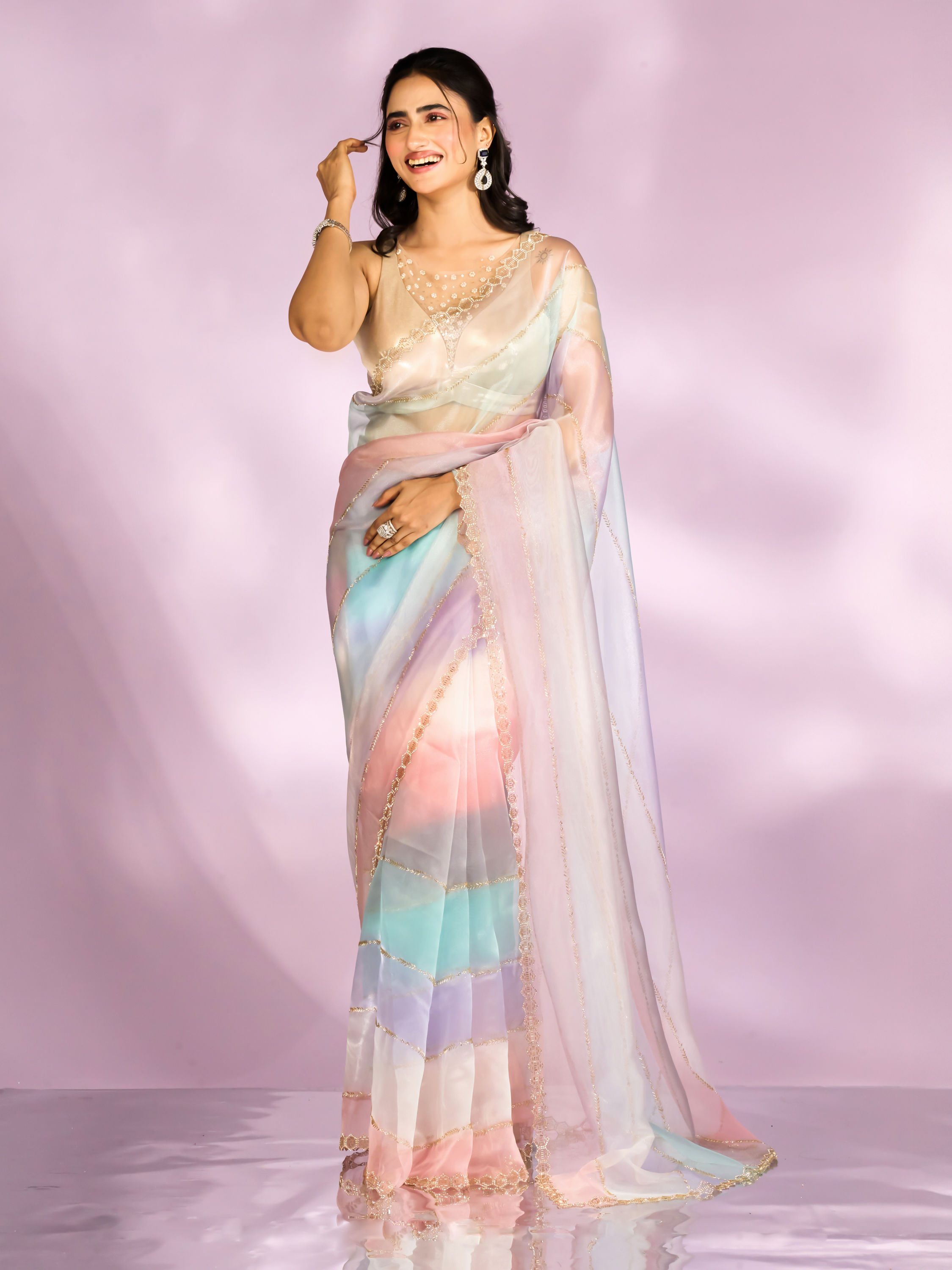 Mohey Women Elegant Pink and light blue Organza Saree