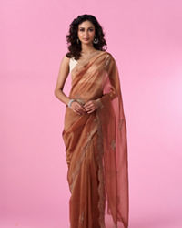 Mohey Women Elegant Rust Red Tissue Saree