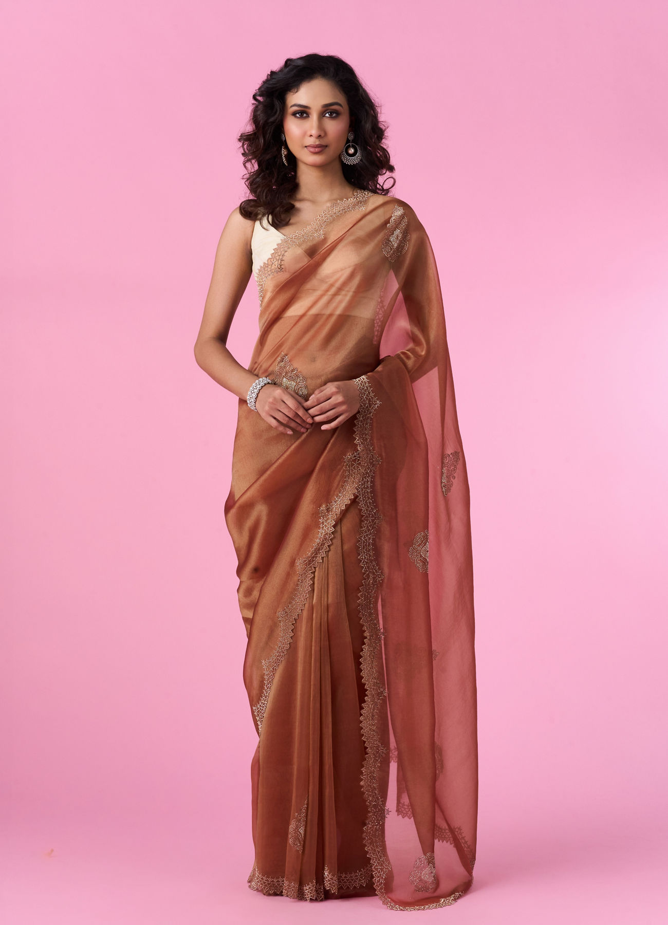 Mohey Women Elegant Rust Red Tissue Saree