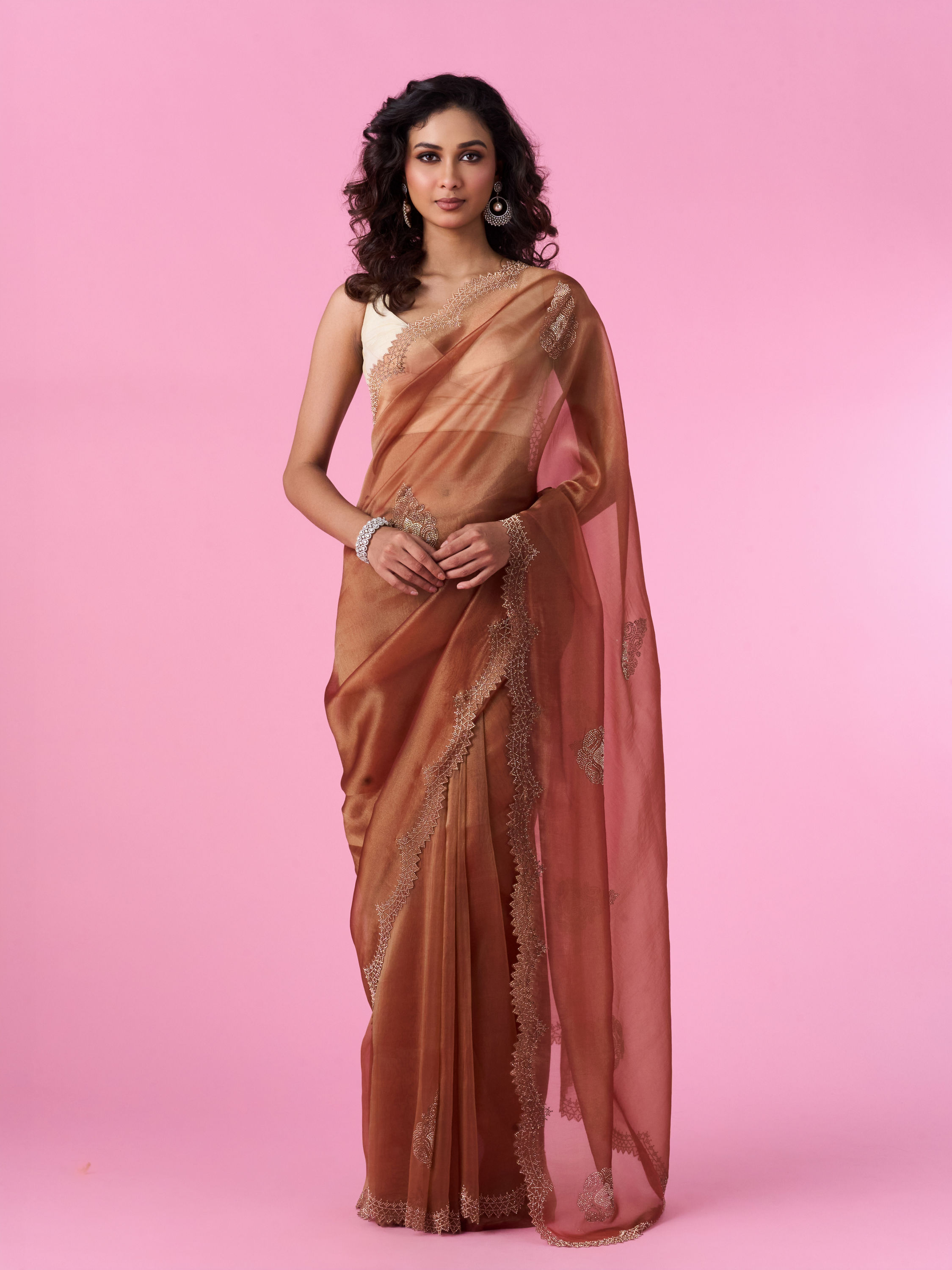 Mohey Women Elegant Rust Red Tissue Saree