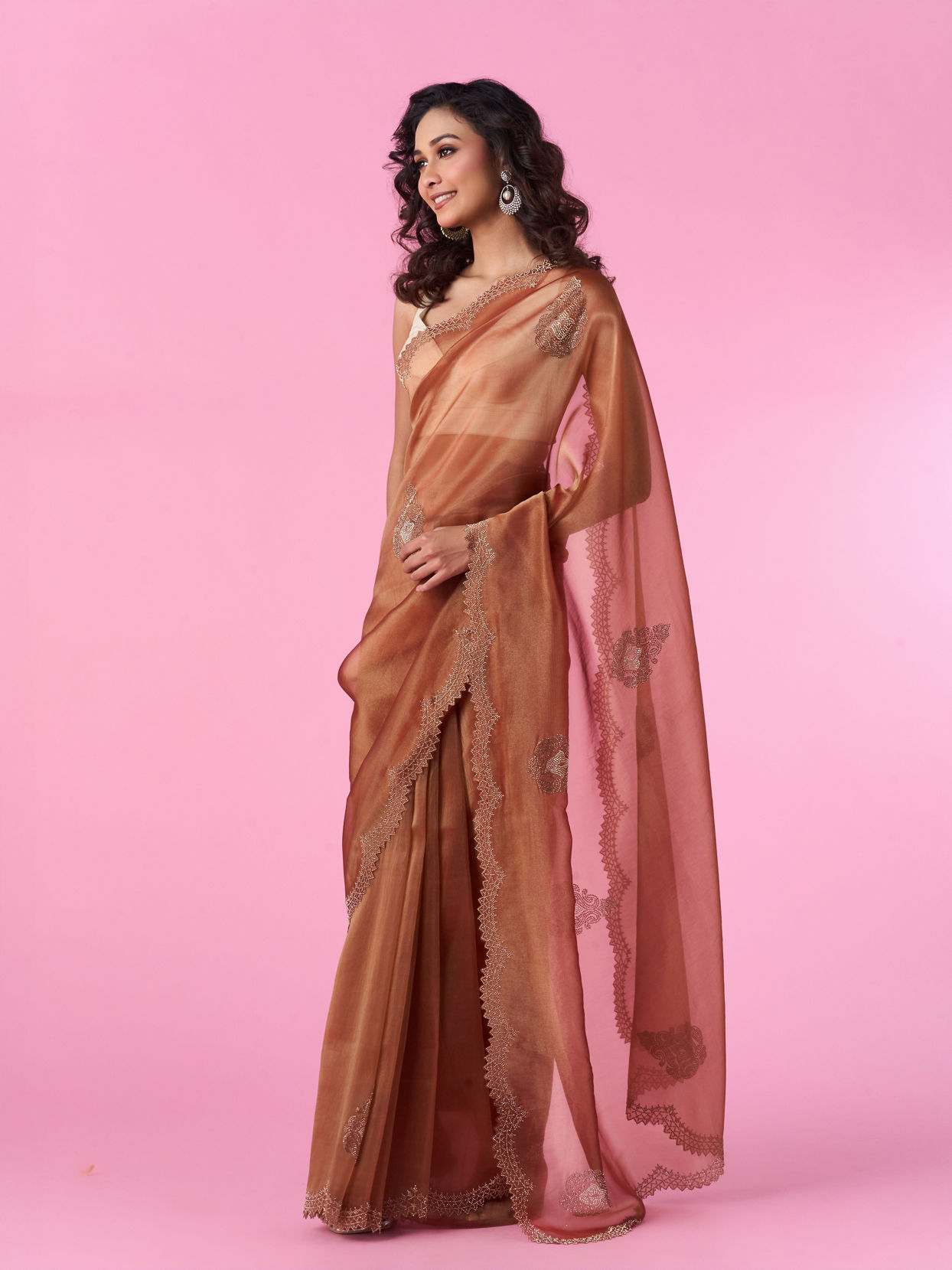 Mohey Women Elegant Rust Red Tissue Saree