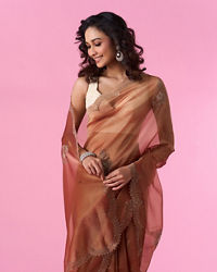 Mohey Women Elegant Rust Red Tissue Saree