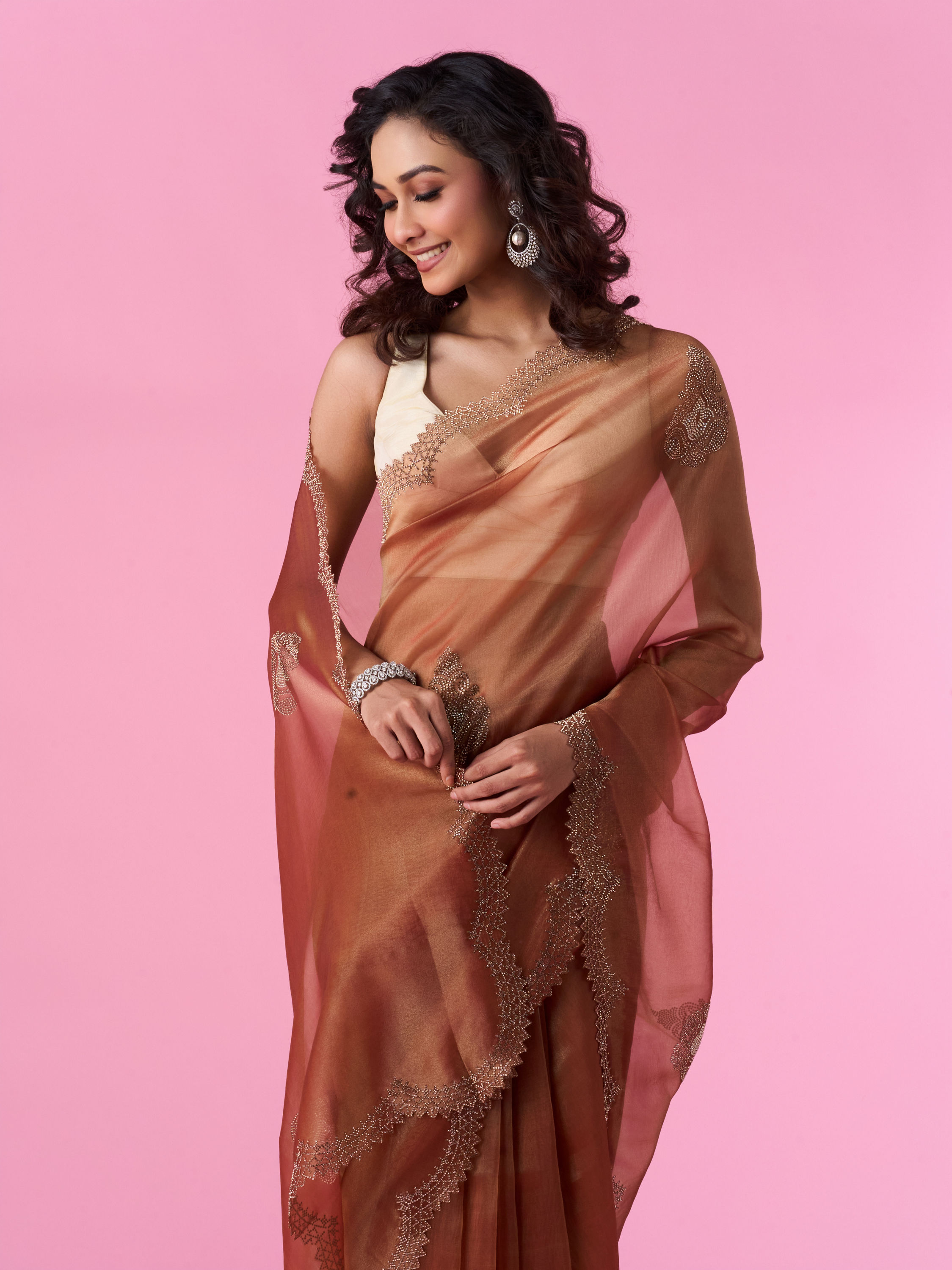 Mohey Women Elegant Rust Red Tissue Saree