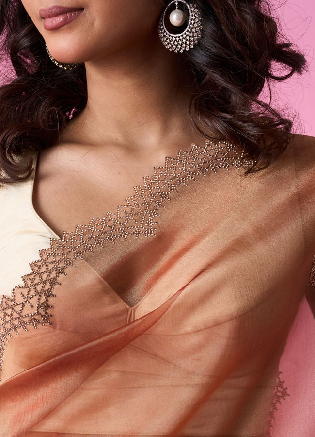 Mohey Women Elegant Rust Red Tissue Saree