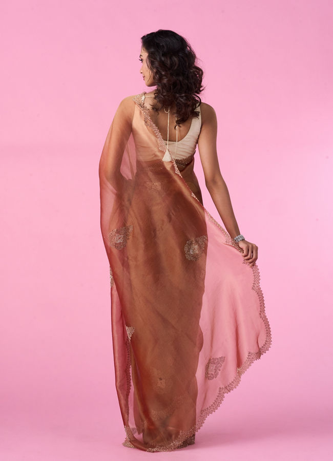 Mohey Women Elegant Rust Red Tissue Saree