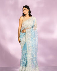 Mohey Women Mesmerizing Light Blue Organza Saree