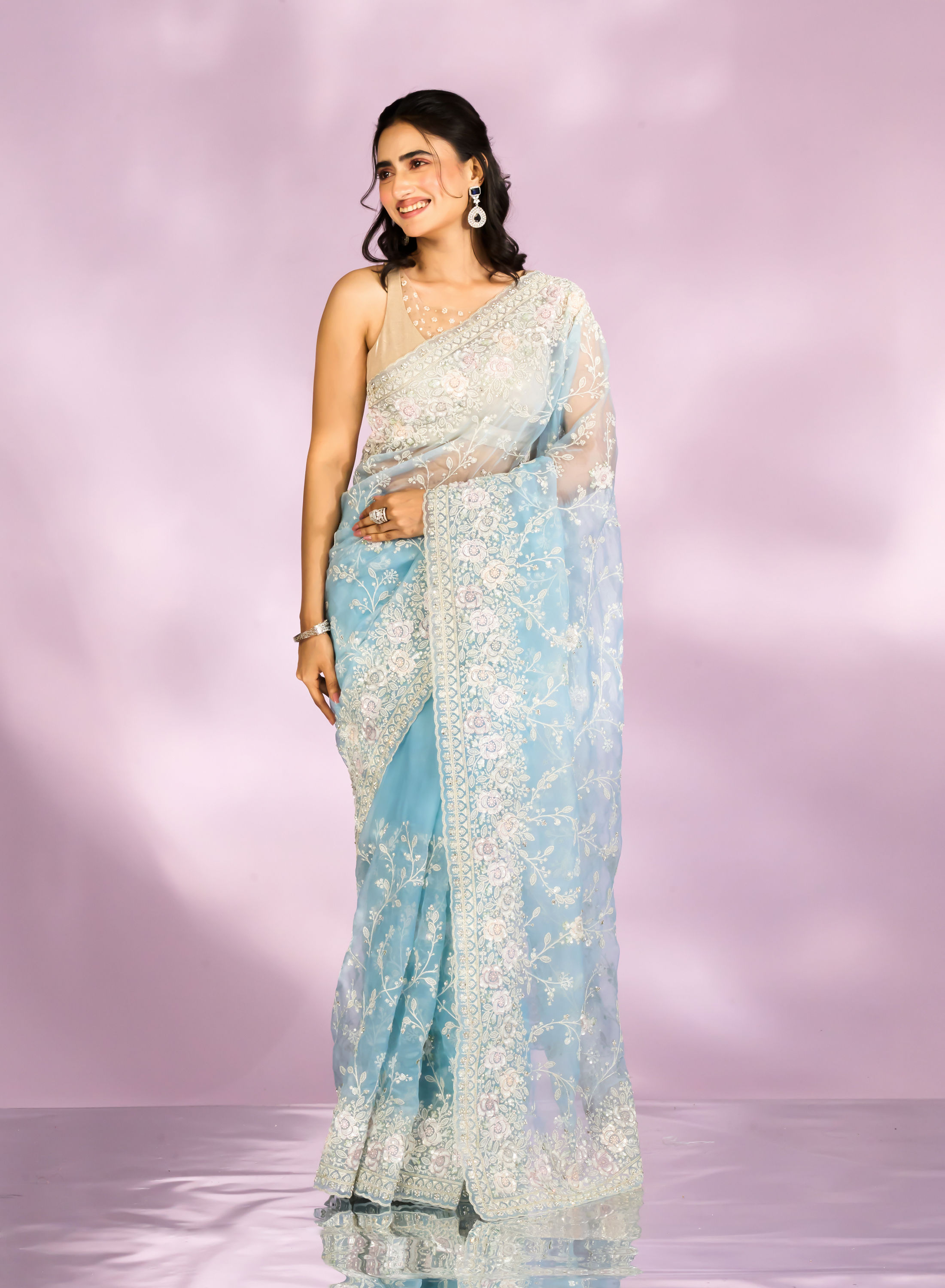 Mohey Women Mesmerizing Light Blue Organza Saree