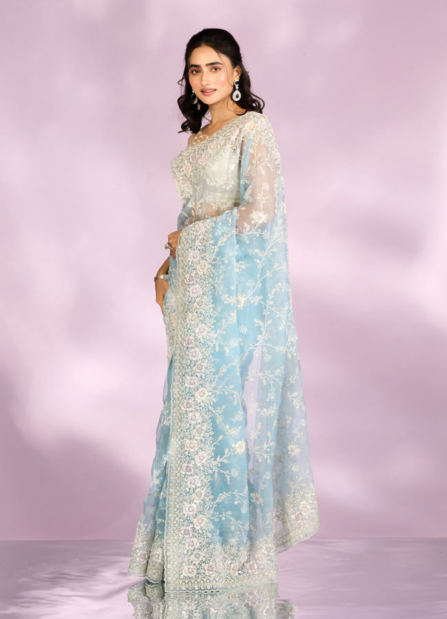 Mohey Women Mesmerizing Light Blue Organza Saree