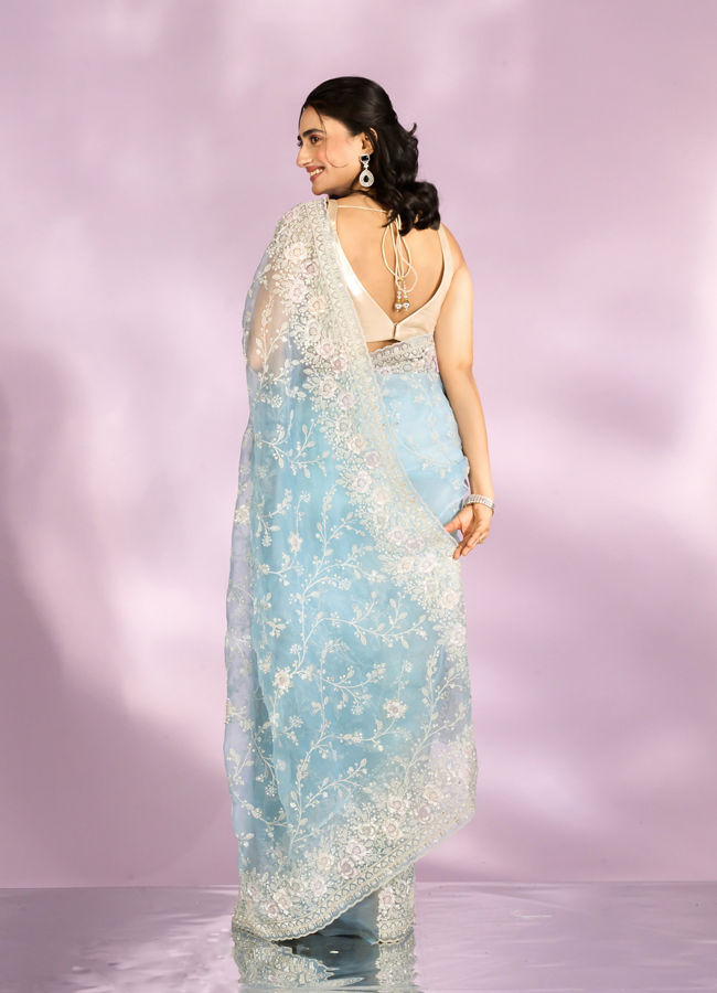 Mohey Women Mesmerizing Light Blue Organza Saree