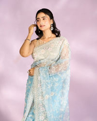 Mohey Women Mesmerizing Light Blue Organza Saree