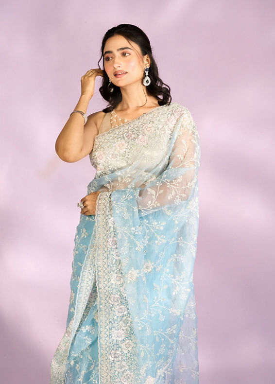Mohey Women Mesmerizing Light Blue Organza Saree