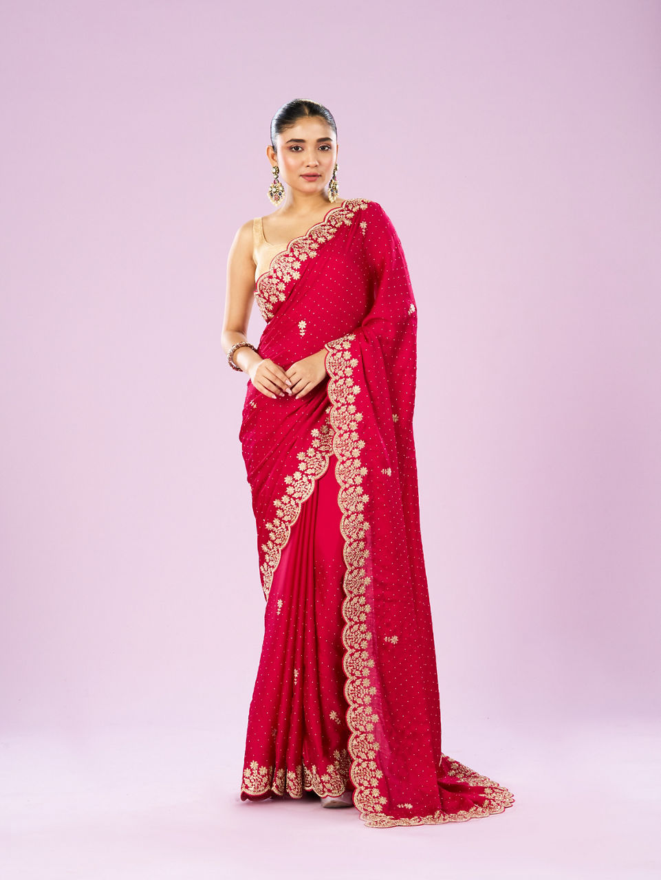 Mohey Women Blossoming Rani Pink Satin Saree