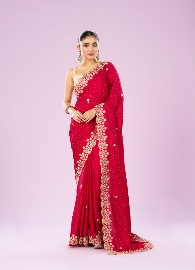 Mohey Women Blossoming Rani Pink Satin Saree