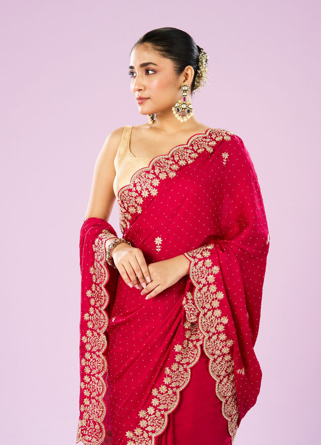 Mohey Women Blossoming Rani Pink Satin Saree