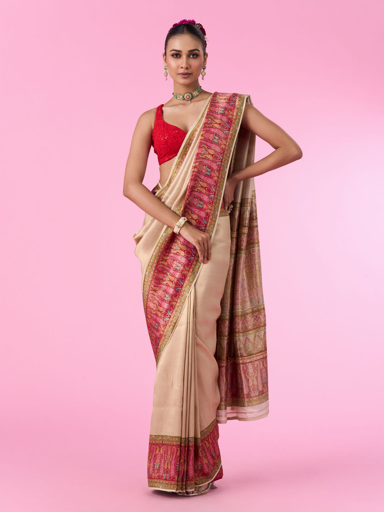 Mohey Women Elegant Cream Banarasi Saree