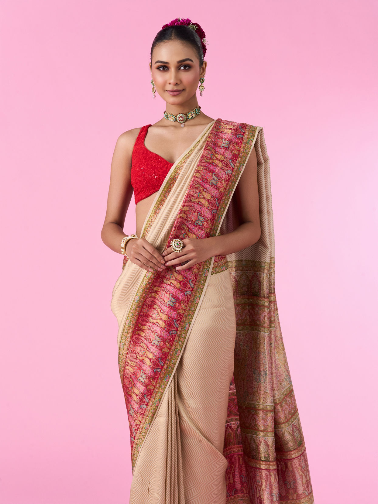 Mohey Women Elegant Cream Banarasi Saree
