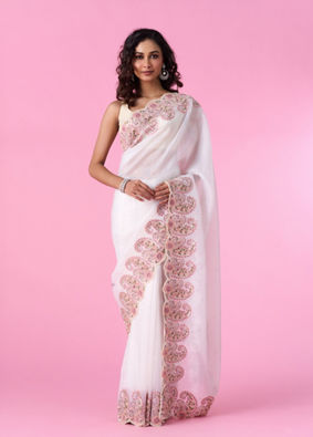 Mohey Women Elegant Cream Chinon Saree