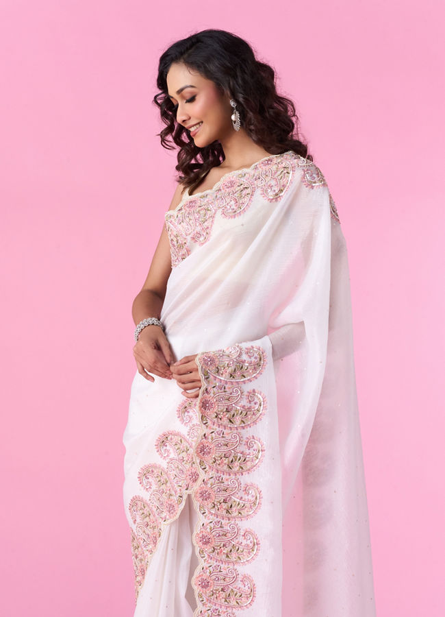 Mohey Women Elegant Cream Chinon Saree