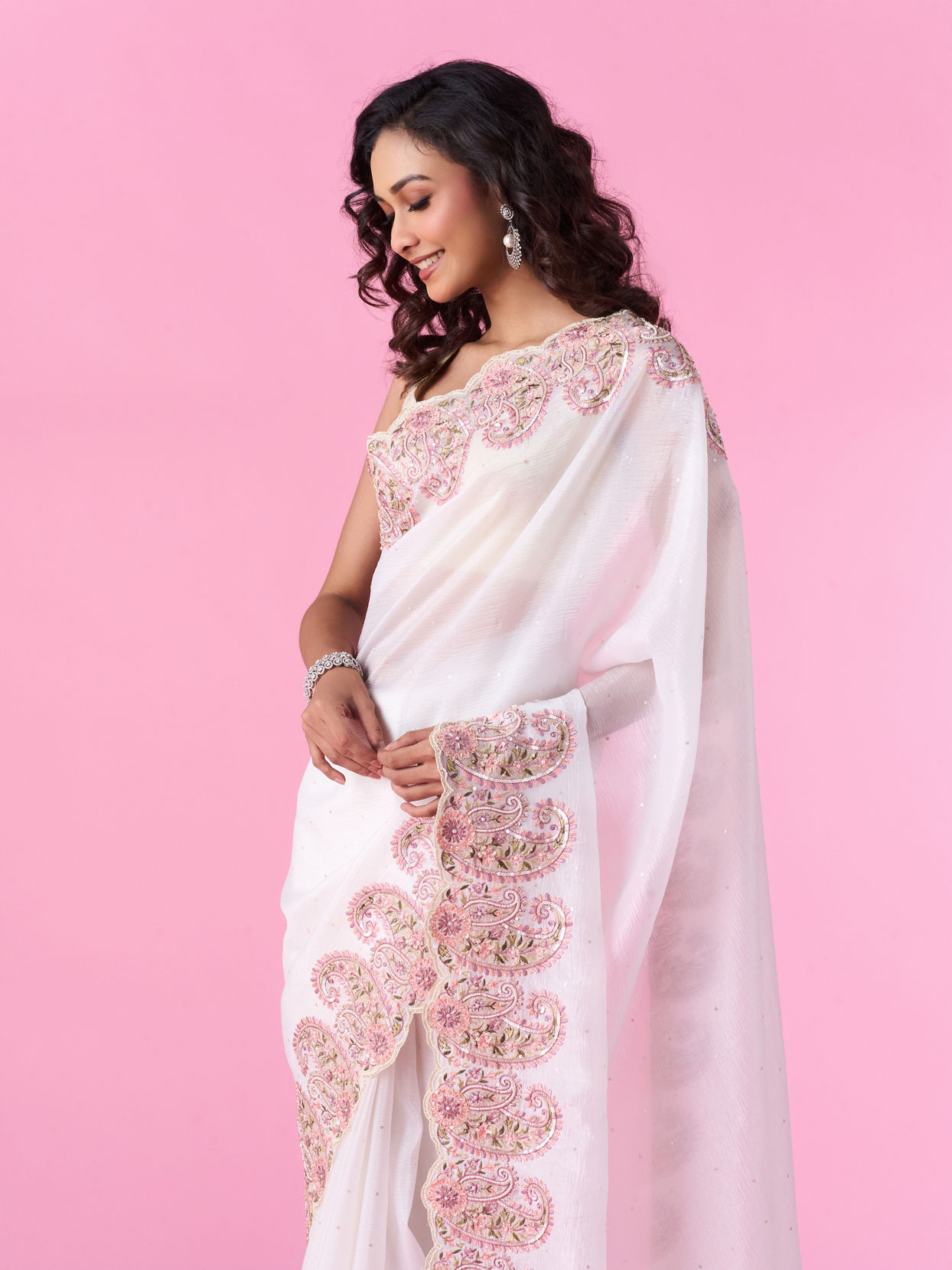 Mohey Women Elegant Cream Chinon Saree