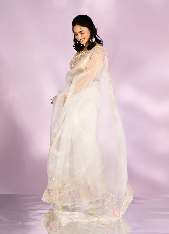 Mohey Women Gleaming White Organza Saree