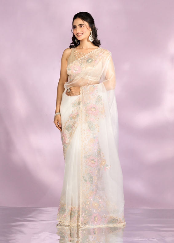 Mohey Women Gleaming White Organza Saree