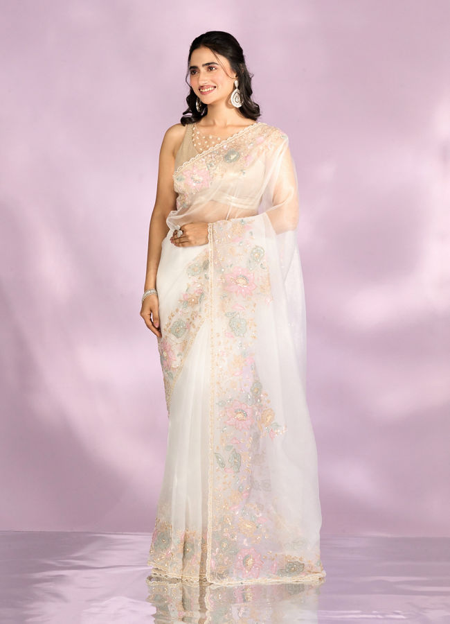 Mohey Women Gleaming White Organza Saree