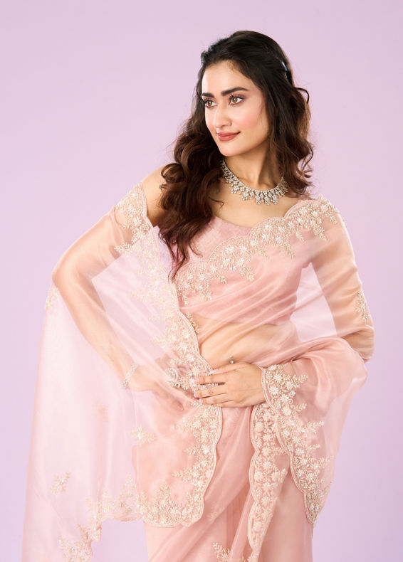 Mohey Women Pink Organza Extravaganza Saree
