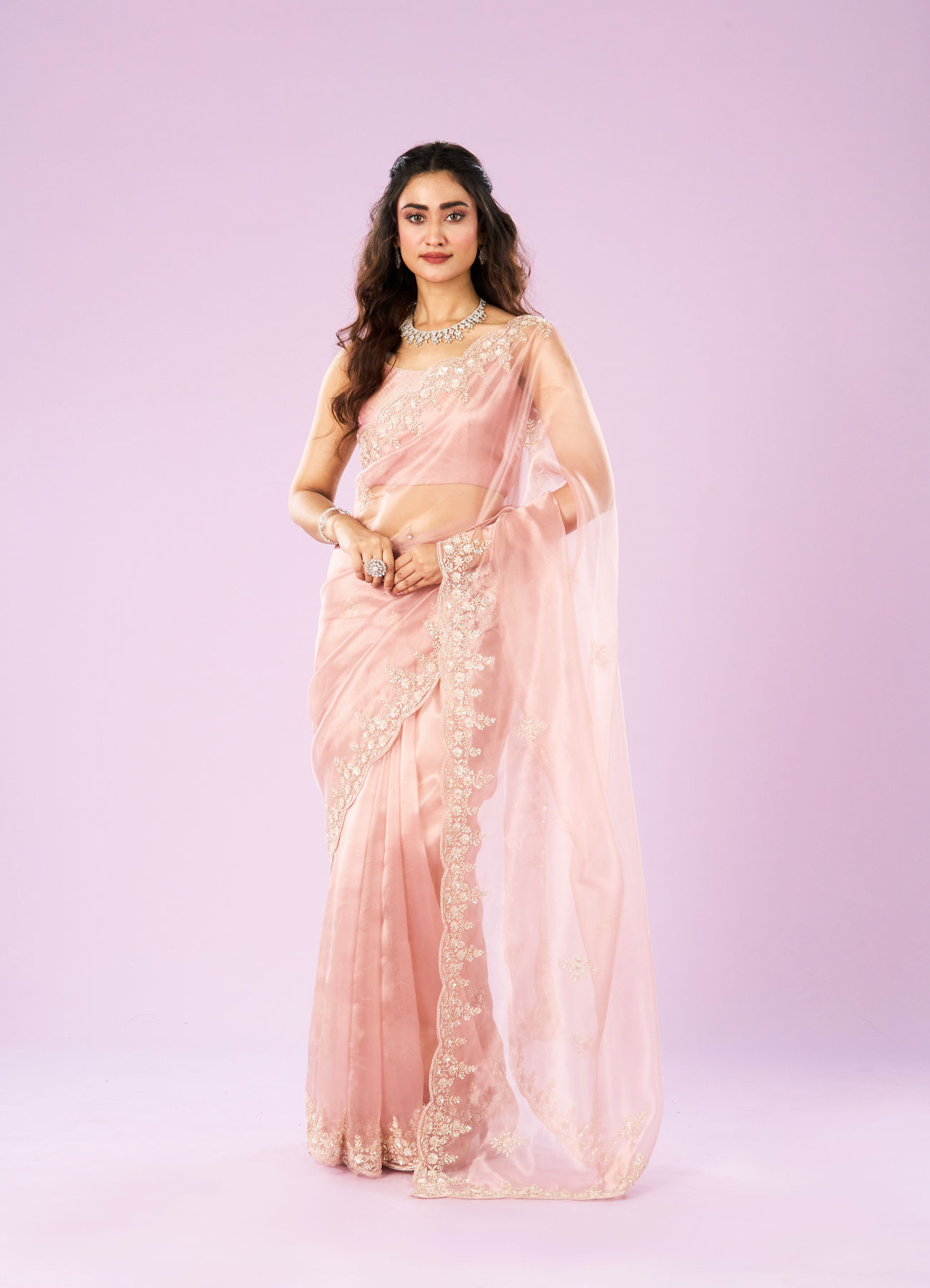 Mohey Women Pink Organza Extravaganza Saree