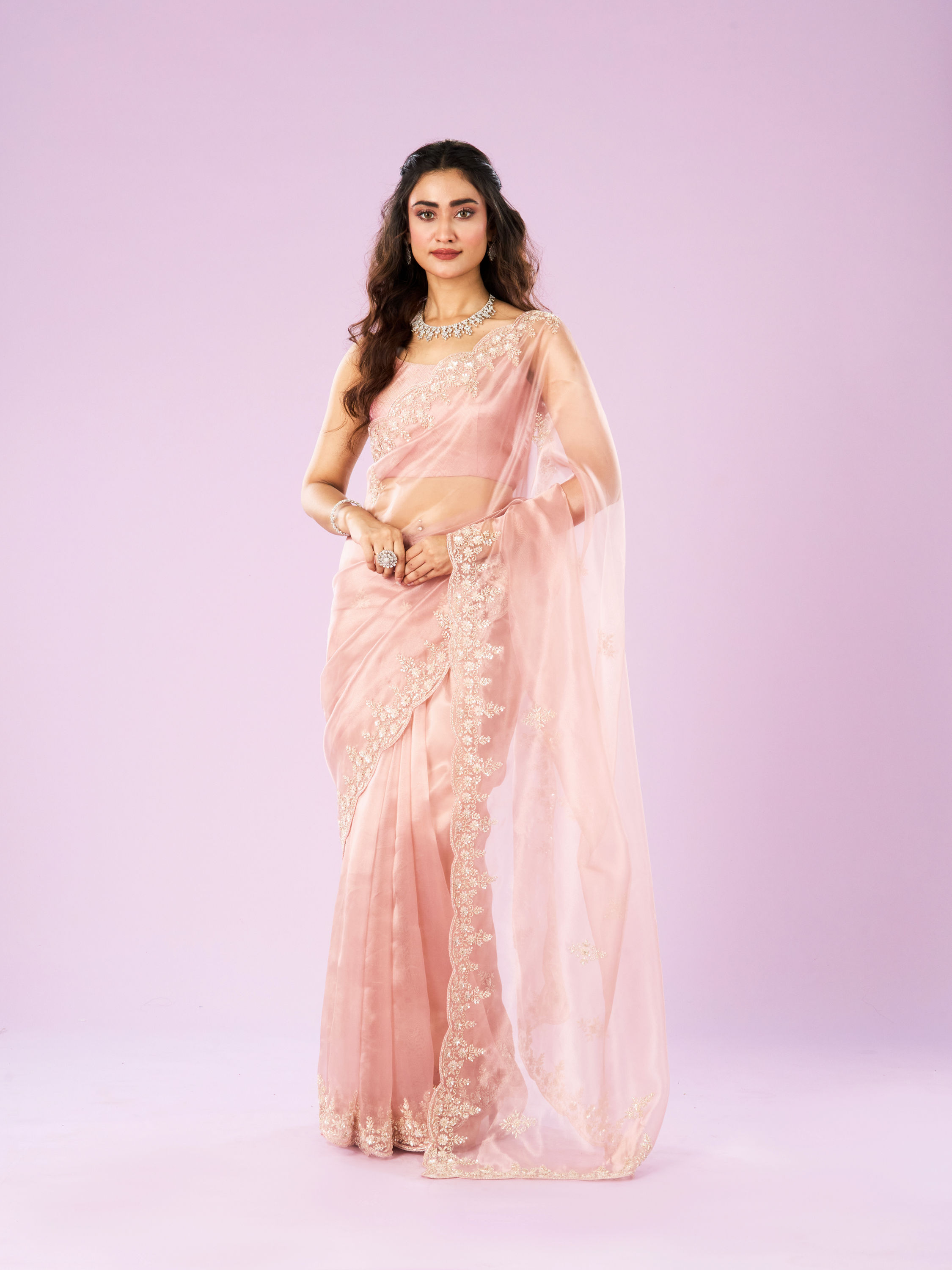 Mohey Women Pink Organza Extravaganza Saree