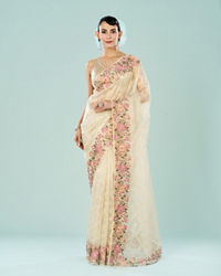 Mohey Women Cream Dream Organza Saree