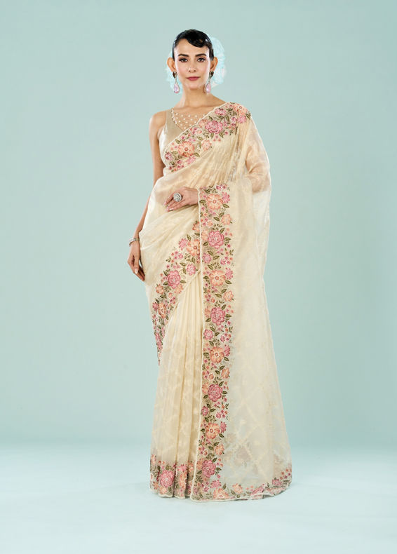 Mohey Women Cream Dream Organza Saree