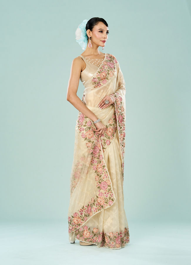 Mohey Women Cream Dream Organza Saree