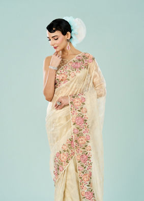 Mohey Women Cream Dream Organza Saree