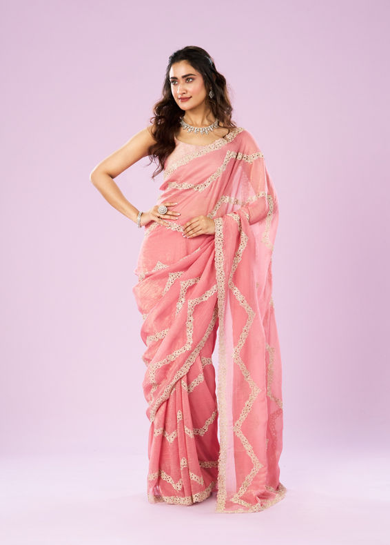 Mohey Women Charming Pink Chinon Saree