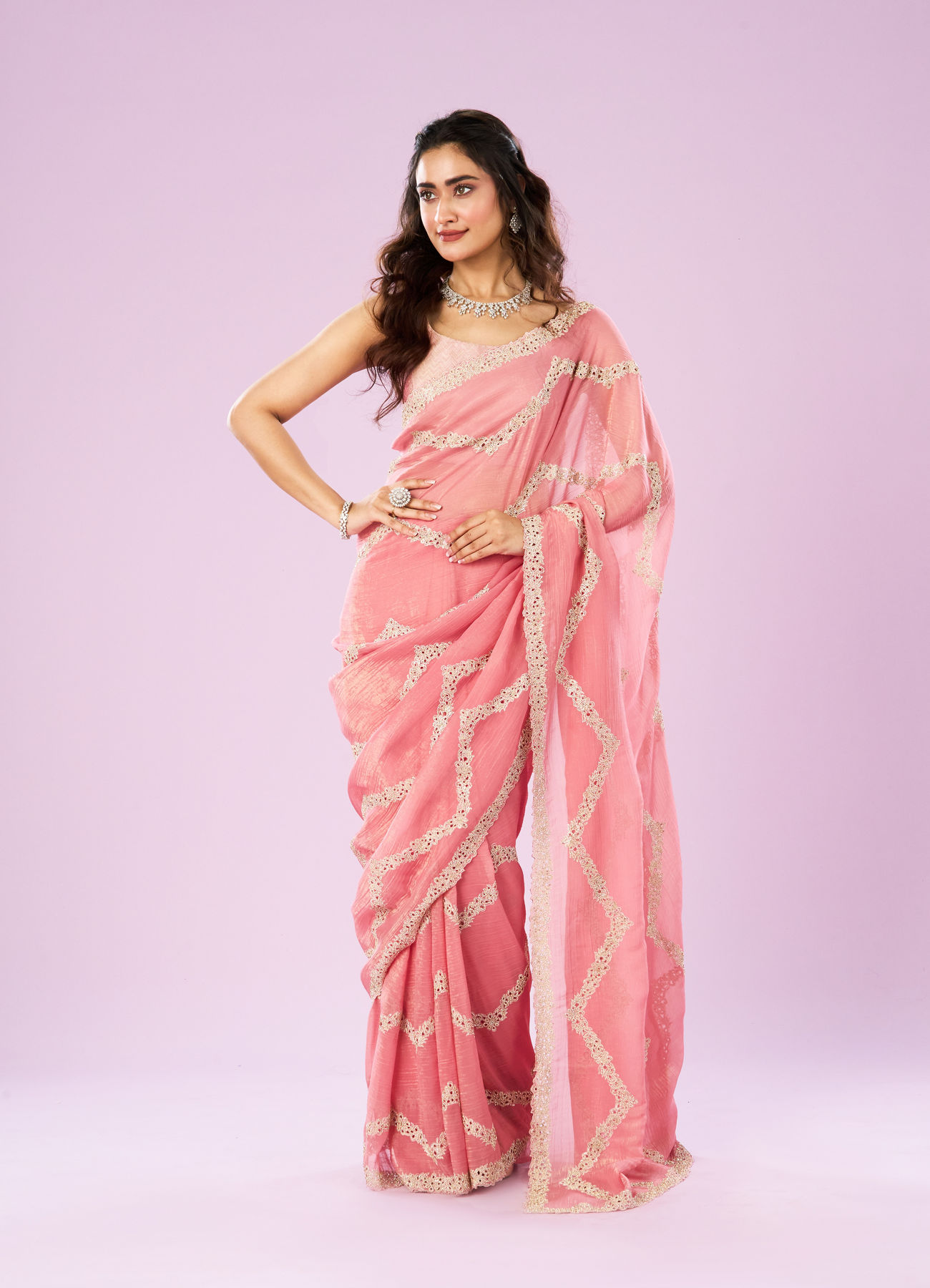 Mohey Women Charming Pink Chinon Saree