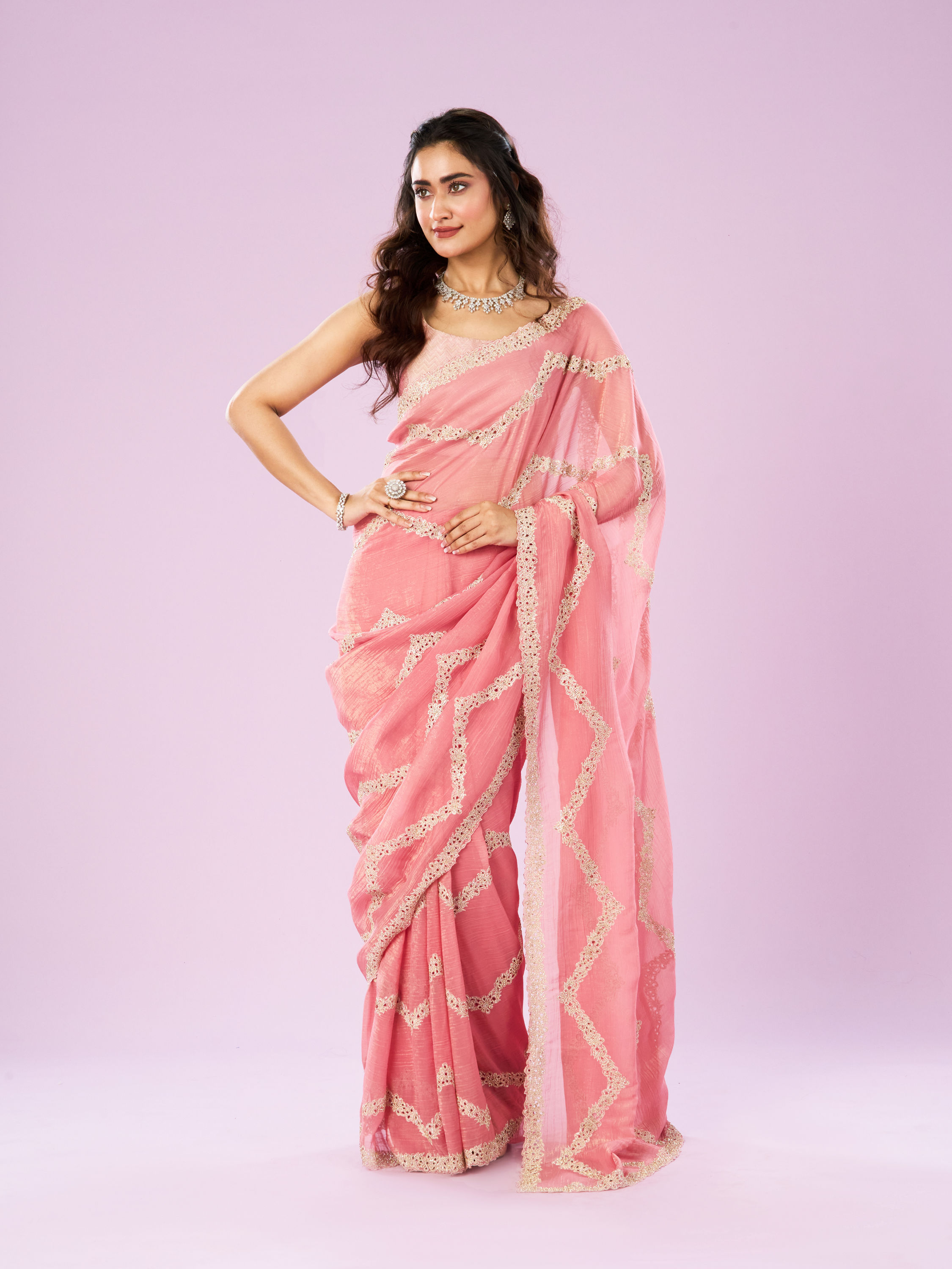 Mohey Women Charming Pink Chinon Saree