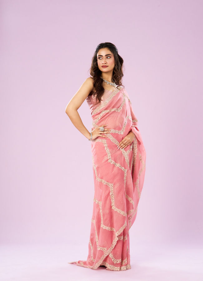 Mohey Women Charming Pink Chinon Saree