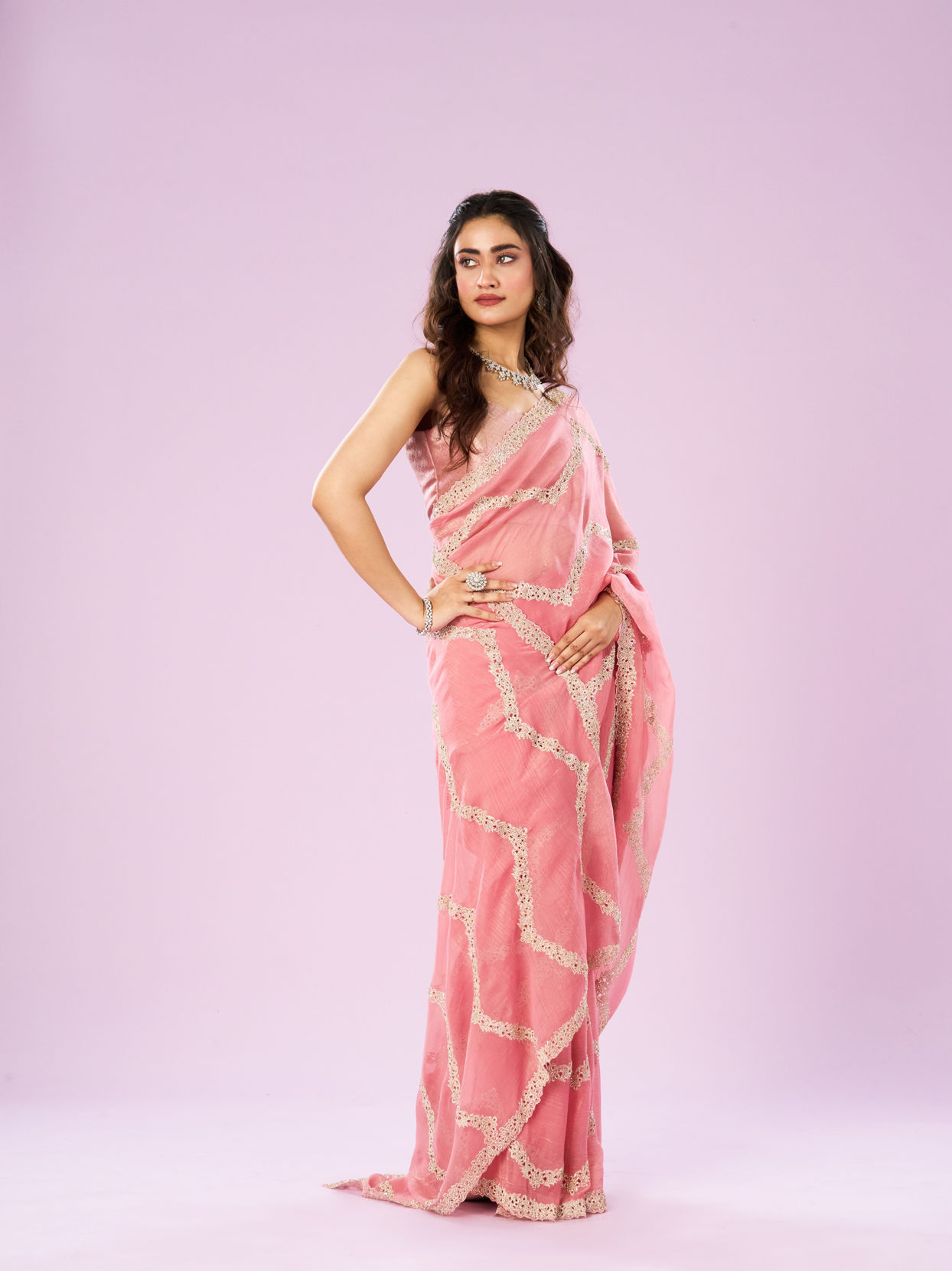 Mohey Women Charming Pink Chinon Saree