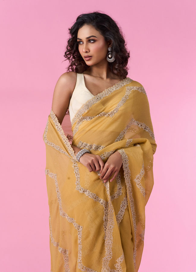 Mohey Women Ravishing Yellow Chinon Saree