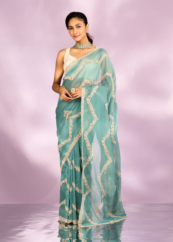Mohey Women Elegant Light Blue Saree Ensemble