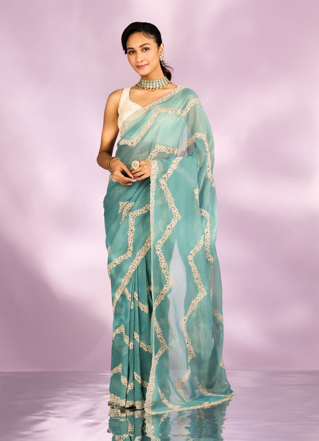 Mohey Women Elegant Light Blue Saree Ensemble
