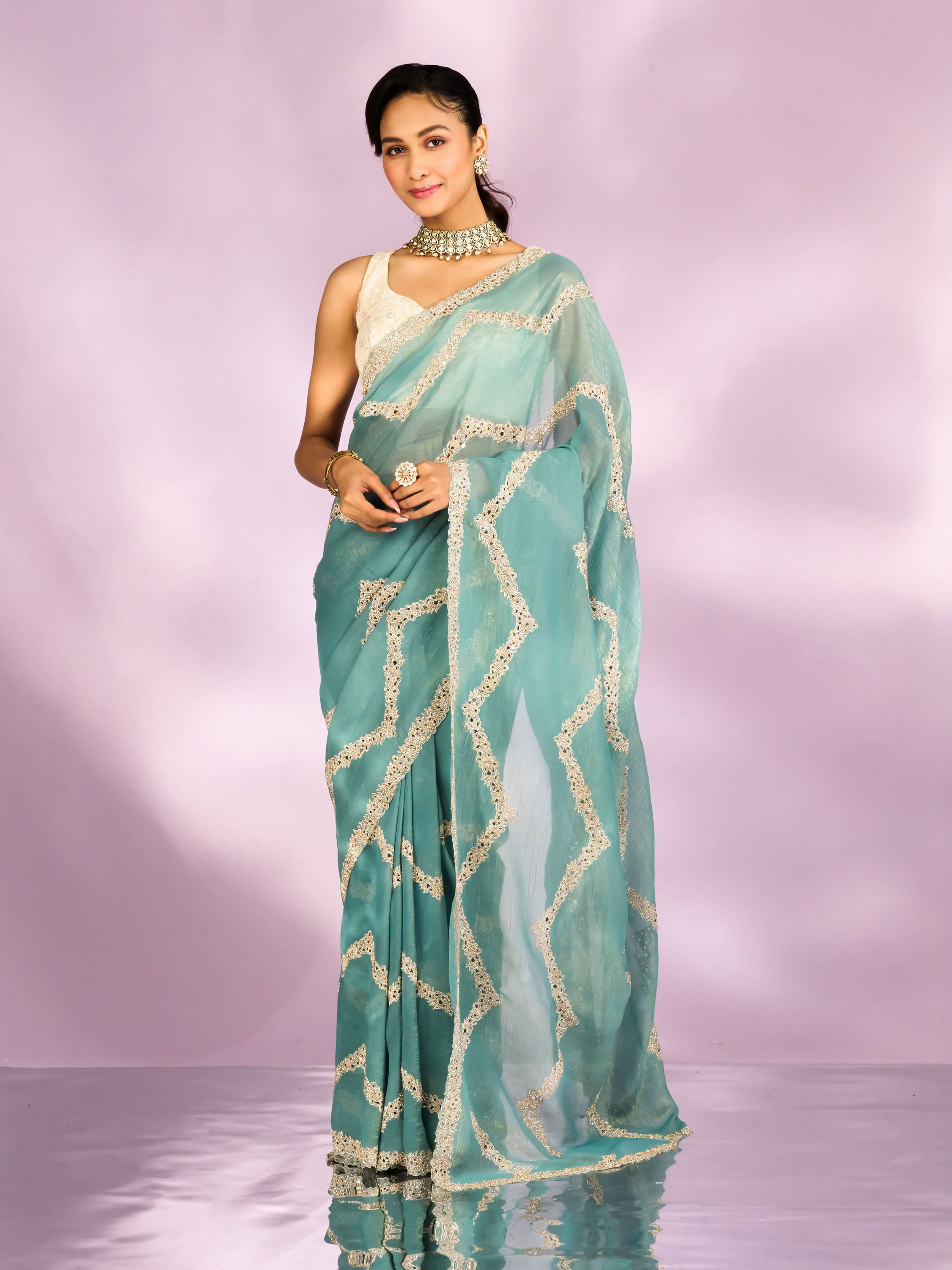 Mohey Women Elegant Light Blue Saree Ensemble
