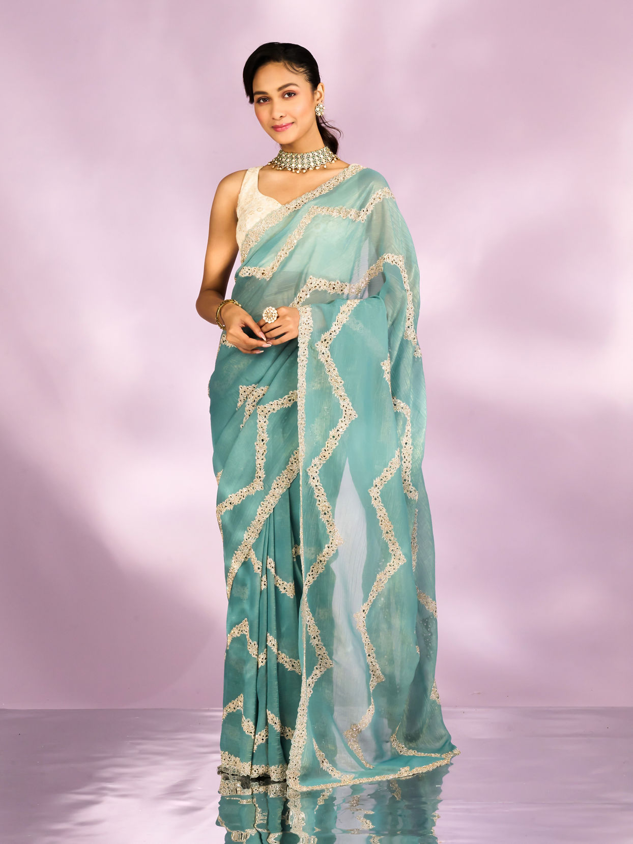 Mohey Women Elegant Light Blue Saree Ensemble