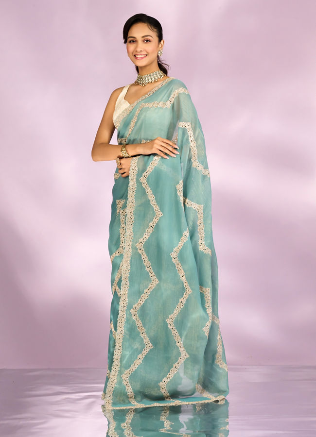 Mohey Women Elegant Light Blue Saree Ensemble