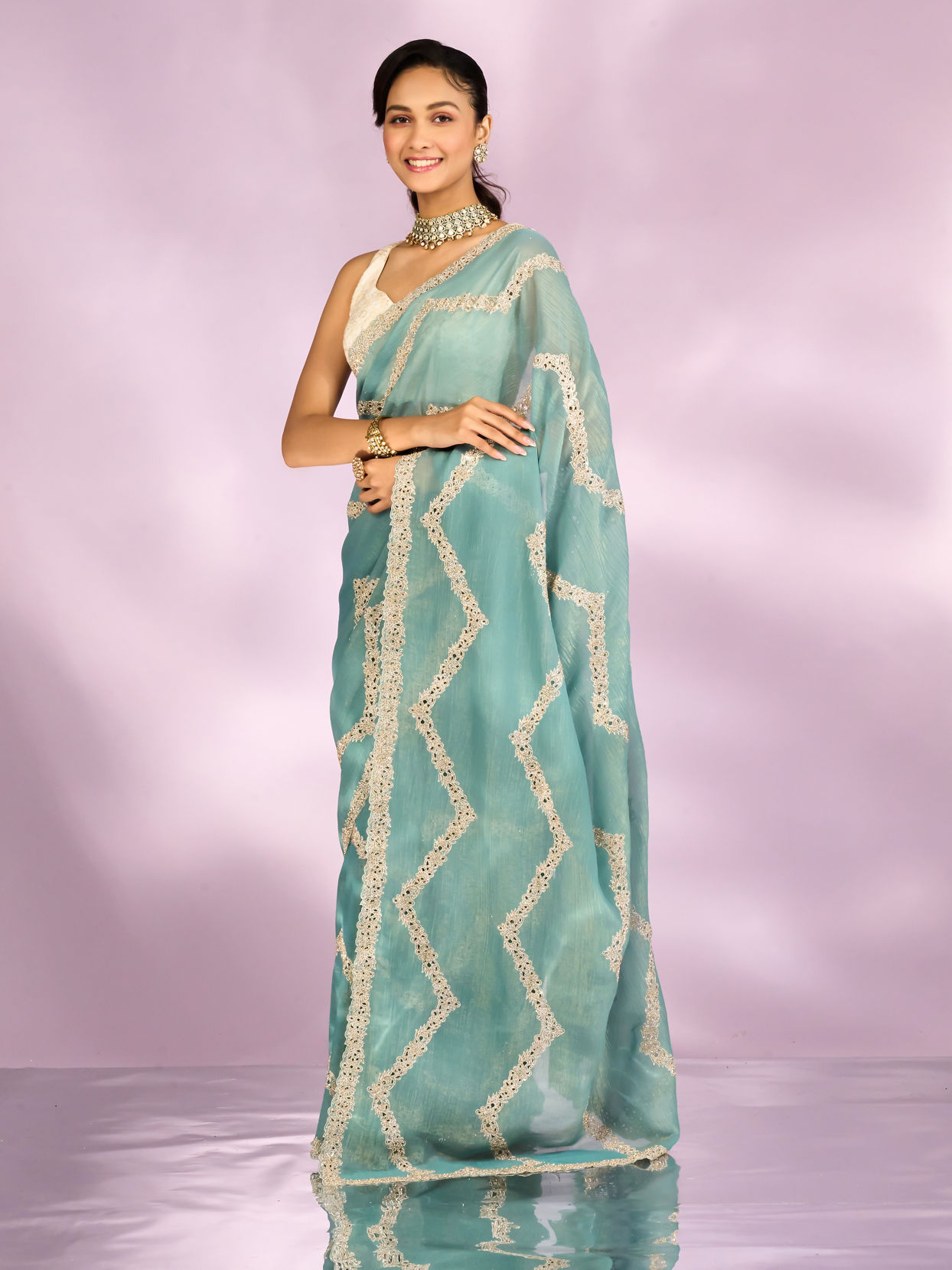 Mohey Women Elegant Light Blue Saree Ensemble
