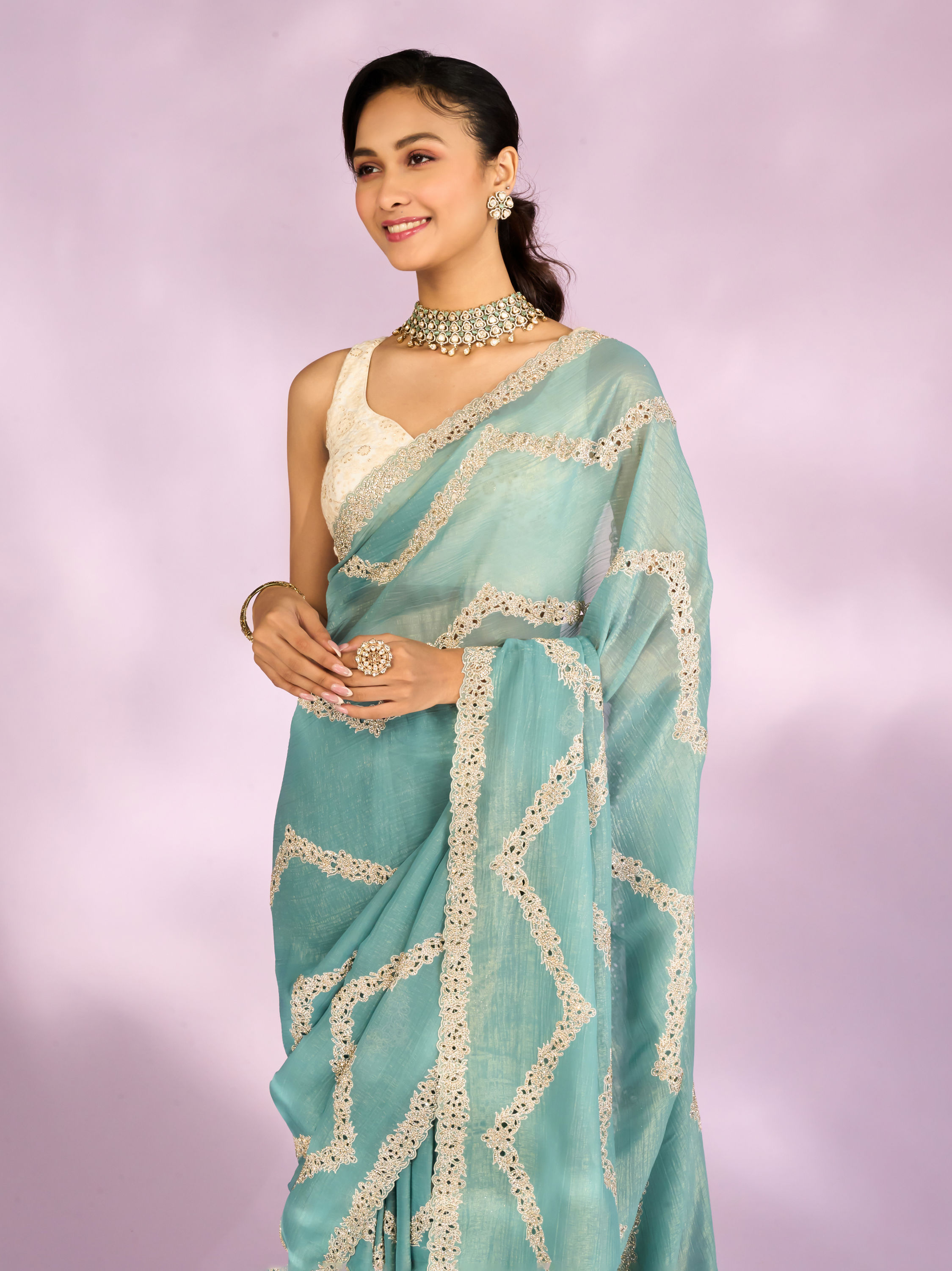 Mohey Women Elegant Light Blue Saree Ensemble