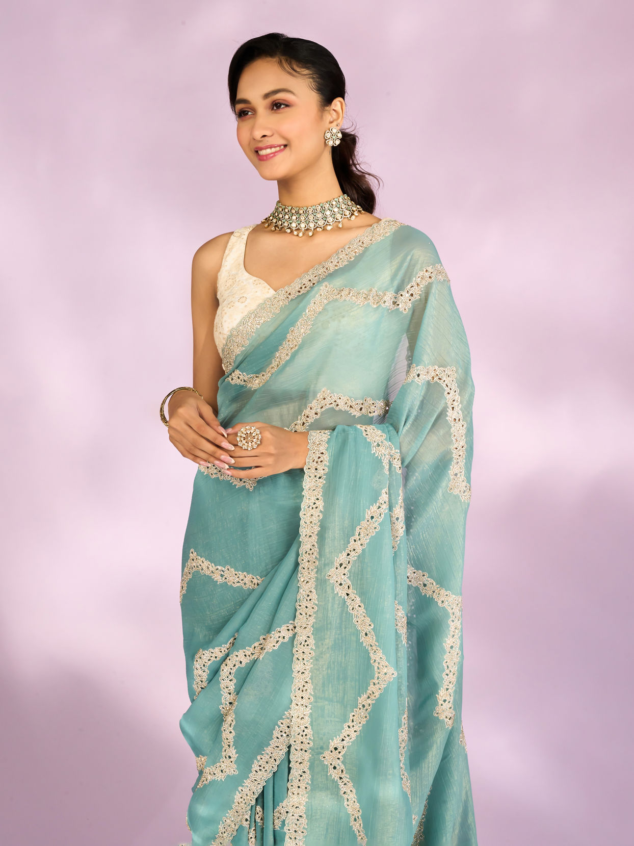Mohey Women Elegant Light Blue Saree Ensemble
